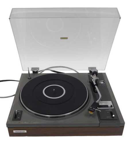 A Pioneer PL-1150 Automatic Return stereo turntable, in wooden and Perspex case, 44cm wide.