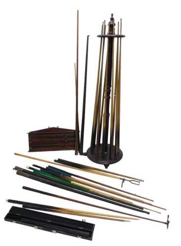 Various snooker related items, a wall hanging score board, an early 20thC mahogany cue stand,...