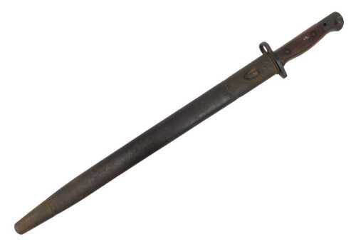 A 1907 pattern George V bayonet, with plain blade, marked 25 with wooden grip and metal pommel,...