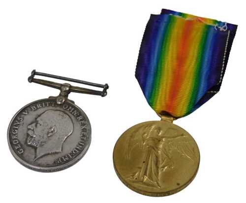 A pair of First World War medals, consisting of British War medal and the Victory medal, both...