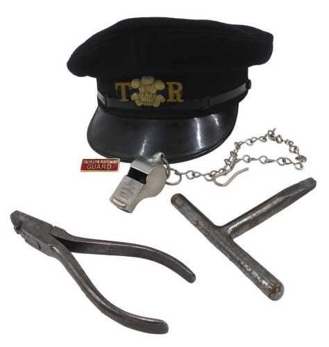 Various railway items, a peak cap with TR Prince of Wales feathers badge, 12cm high, a Talyllyn...