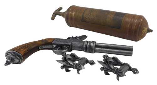 Various bygones, collectables, reproduction pistol, bygone copper fire extinguisher, with...