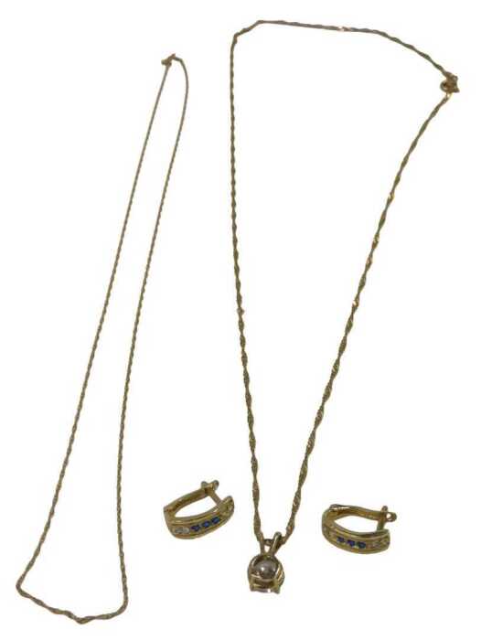 Three items of 9ct gold and other jewellery, comprising a 9ct gold fine link neck chain, 44cm...