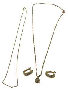 Three items of 9ct gold and other jewellery, comprising a 9ct gold fine link neck chain, 44cm...