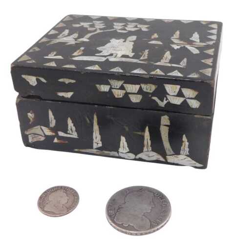 Coins. A Charles II crown 1668, and a George I shilling 1723, in a Japanese mother-of-pearl...