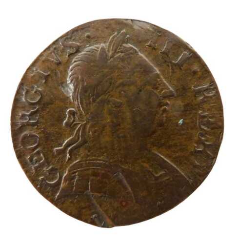 A George III half penny coin 1775, in outer capsule.