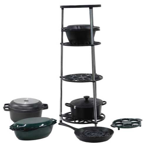 An AGA graduated iron dish stand, 87cm high, the top section 28cm diameter, and various AGA and...