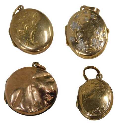 Four lockets, comprising a 9ct gold floral locket with white gold flower decoration, 2cm x 1.5cm,...