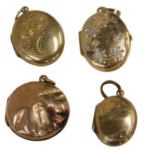Four lockets, comprising a 9ct gold floral locket with white gold flower decoration, 2cm x 1.5cm,...