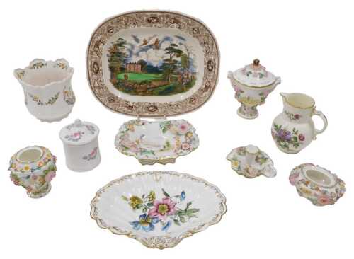 Various porcelain pottery and effects, a transfer printed meat plate, Coalbrookdale by Coalport...