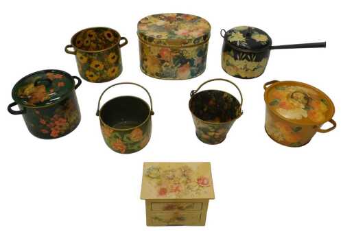 Various painted metal bargeware type pots, jars, etc., a stew pot, large iron pan, painted with...