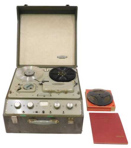 A mid-20thC five IPS reel to reel Ferrograph player, in pressed leather case, 42cm wide, and...