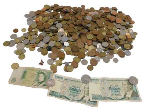 Various GB and world used coins, decimal and others, 50,000 Turkish lirasi note, and others...
