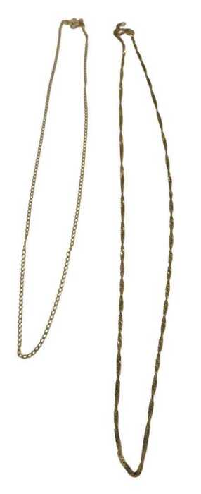 Two 9ct gold fine link chains, one 42cm long, the other 40cm long, 3g. (2)