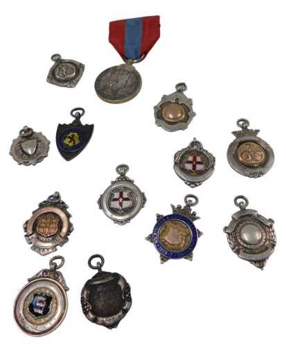 Various silver fobs, to include Runner's Up medal 1926, with shield shaped front, initialled...