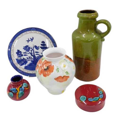Various pottery and effects, a 20thC West German two coloured pottery ewer, in green and brown,...
