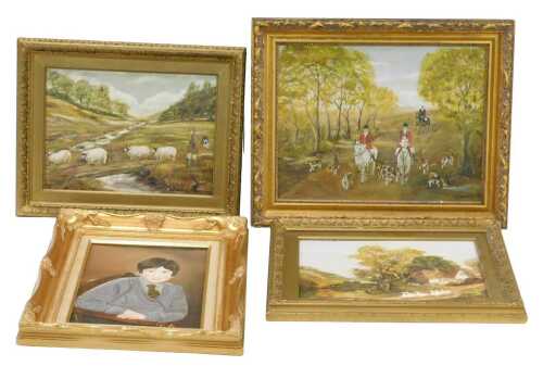 J W Thornton (20thC). Hunting scene, huntsman and hounds on a country path, oil on canvas,...
