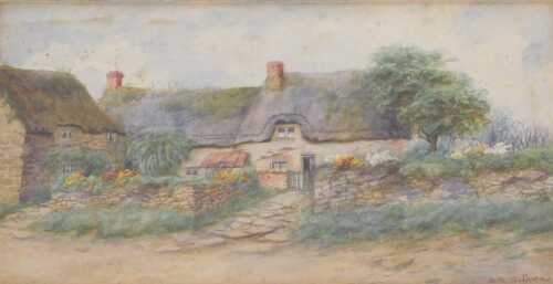 Beatrice Bullock (1878-1953). Cottage in a summer landscape, watercolour, signed, 17cm x 27cm.