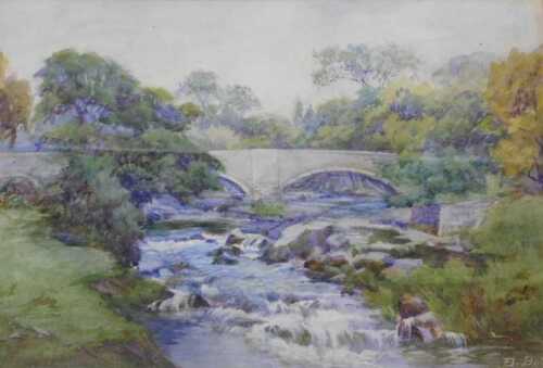 Beatrice Bullock (1878-1953). Stream before bridge and trees, watercolour, signed, 26cm x 37cm.