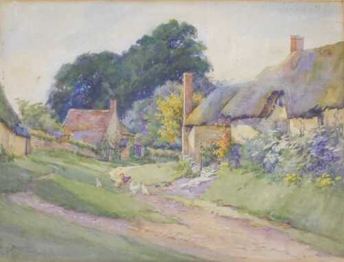 Beatrice Bullock (1878-1953). Summer landscape, hens on a path before cottages and trees,...