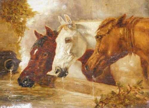 Late 19thC School. Manner of John Frederick Herring Snr, three horses drinking from a trough,...