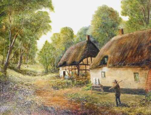 Peter Snell (b.1935). Figure on a path before cottages, further figure and trees, oil on canvas,...