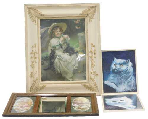 A Victorian Pears style print of a girl and kitten, in frame marked Don't Bull, 57cm x 44cm, two...
