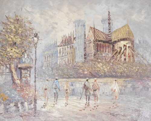 Brown (20thC School). Continental scene, figures before buildings, townscape, oil on canvas,...