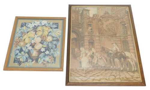 20thC School. Continental town scene, figure on horseback aside ladies, embroidery, 95cm x 65cm,...