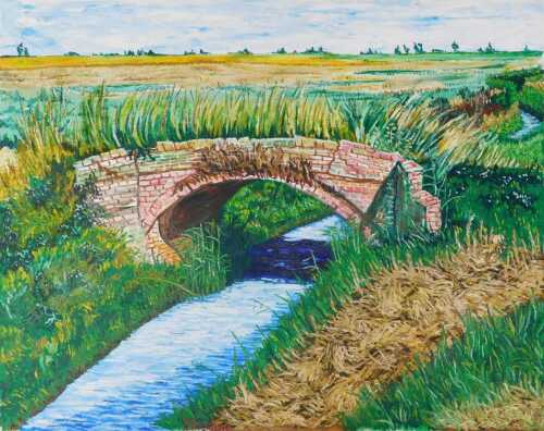 George Shirlaw (1934-2005). River landscape, bridge before fields, oil on canvas, signed, 71cm x...