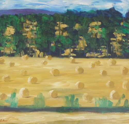 Andrew Walker (b.1959). Hay bales in a field before trees, oil, signed, 48cm x 52cm.