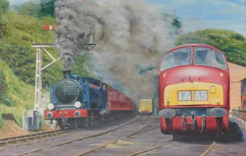 Michael Hutchinson (20thC). Grasmart Station, diesel train and locomotive, oil on canvas, signed...