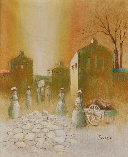 Manner of Caroline Burnett. Figures in flowing dress before floral cart and houses, oil on rough...