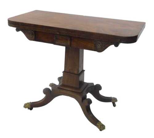 A 19thC mahogany D-end fold over games table, with a green baize lined section, raised above a...