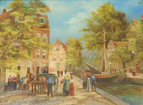 20thC School. Continental street scene, with rivers and boats before houses, with figures and...