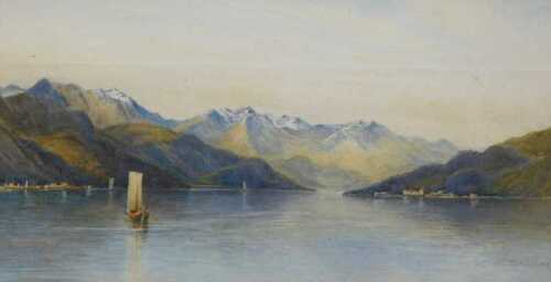 D H Stubington (20thC). River landscape, boats drying sails before mountains, watercolour,...