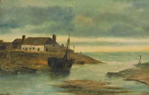 Thomas Whittle (1803-1887). Calm seascape, boat before cottage with calm sea in the distance,...