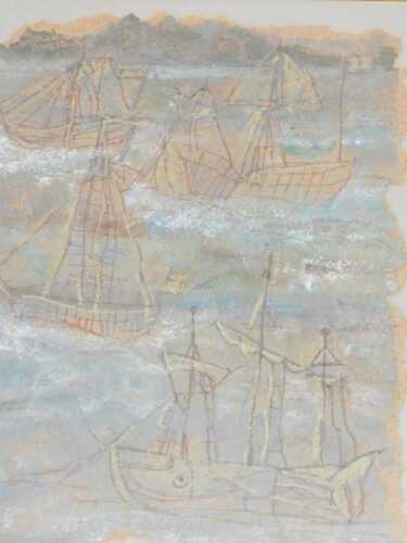 20thC School. Boats on calm waters, feltwork, unsigned, 45cm x 31cm.