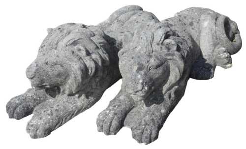 A pair of 20thC stone recumbent lion garden statues, 32cm high.