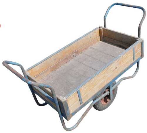 A 20thC slatted two wheeled trailer, with iron frame and handle to each side, partially painted...