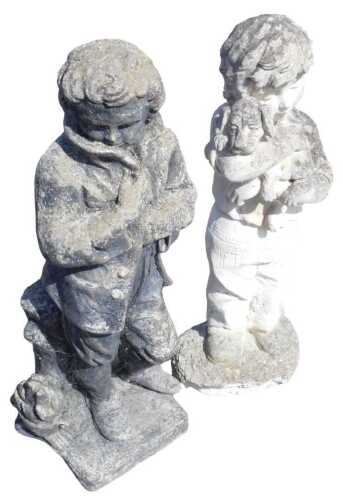 A 20thC reconstituted stone statue of a gentleman wearing jacket and heavy boots, and a further...