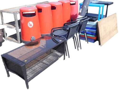 A large quantity of patio furniture, stacking boxes, etc., a wicker style coffee table, of...