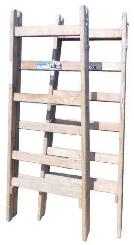 Two Clima Access International folding pine steps, with metal mounts, 181cm high.