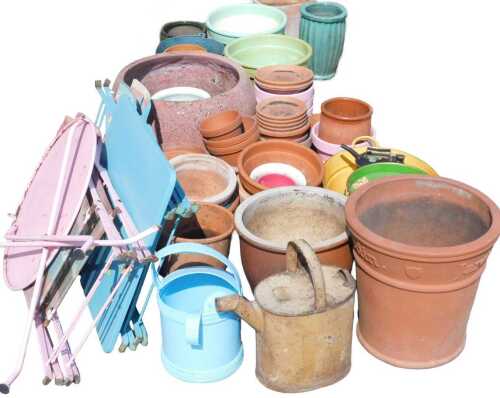 Various painted metal bargeware style items, a named early 20thC enamel watering can, with fixed...