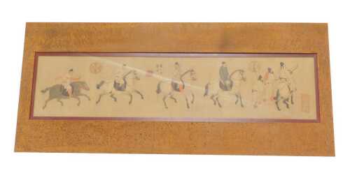 20thC Chinese School. The Five Drunken Princes, mixed media, signed, 27cm x 115cm.