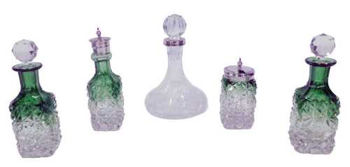 Various early 20thC cut glass dressing table jars, two coloured green and clear hobnail cut...