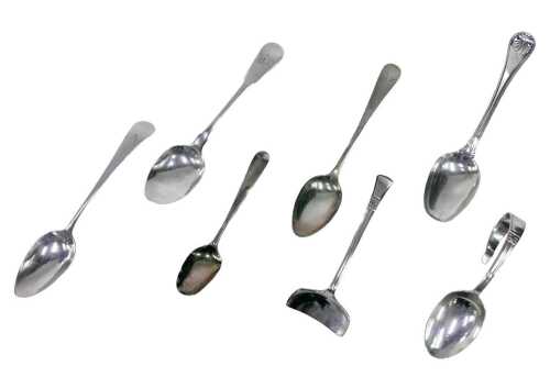 Various George II and other silver, a teaspoon, Old English pattern, reputed to be 1750, 10cm...