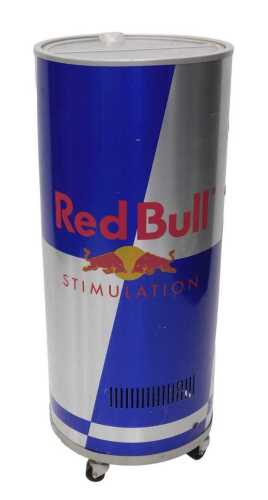A Red Bull Stimulation drink can advertising fridge, of circular form, freestanding with part...