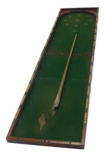 A late 19thC mahogany bagatelle, of rectangular form, hinging to reveal a baize lined fitted...