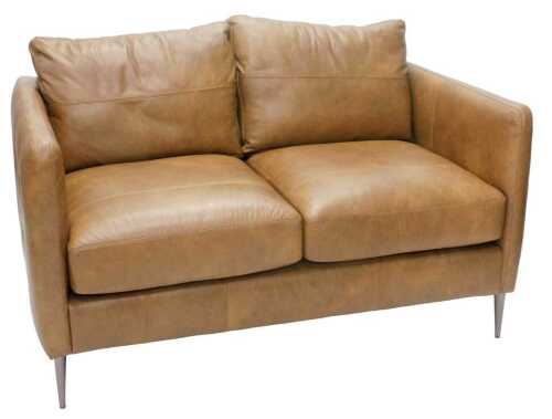 A modern Baxter style tan leather two seater settee, with removable back and seat cushions, on...